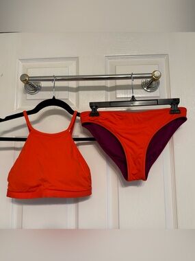 Athleta Women’s XXS Bright Orange Two-Piece Bikini- reversible Purple Bottoms